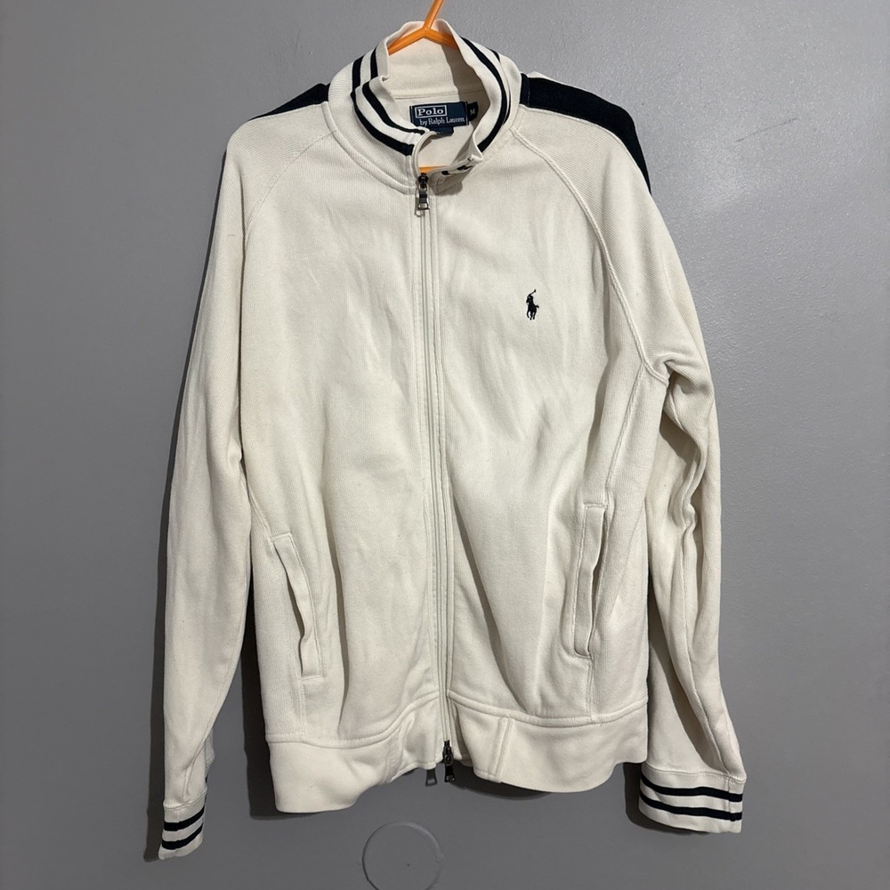 Polo Ralph Lauren Track Jacket Men/women White Terry Cloth Sleeve Stripe Vintage